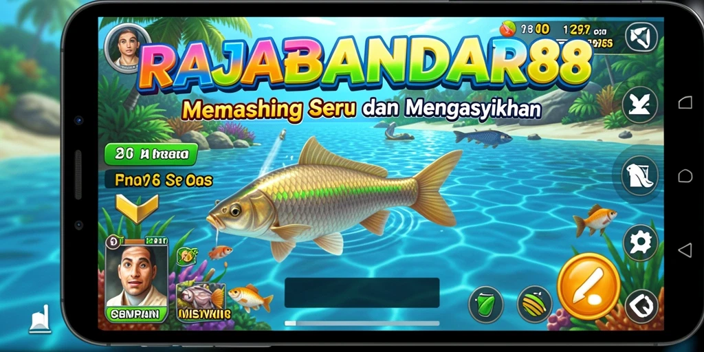 Tampilan gameplay RAJABANDAR88 dengan suasana memancing yang menenangkan.